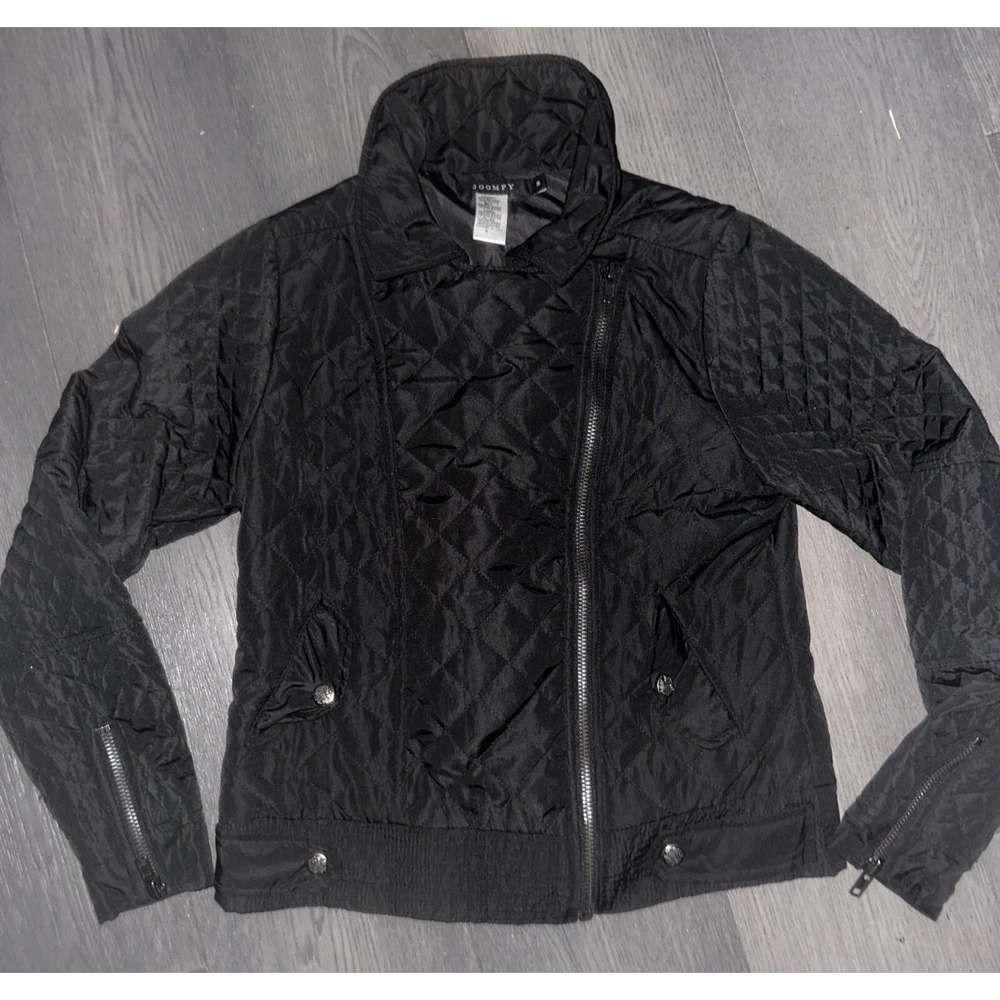 JOOMPY Jacket Womens Small Black‎ Quilted Puffer Moto Biker Zip Pockets Short